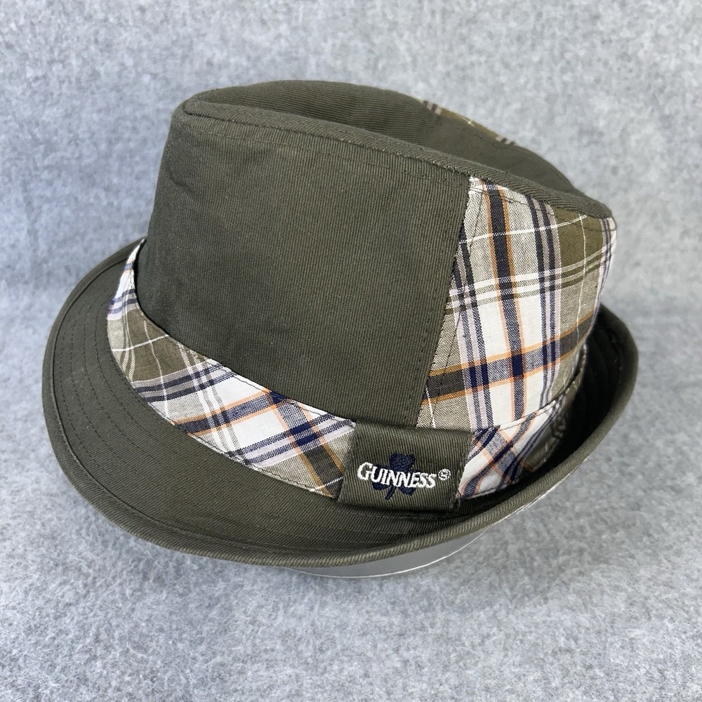 Guinness Fedora Hat Olive Green Plaid Band Shamrock Logo Brimmed Trilby Adult